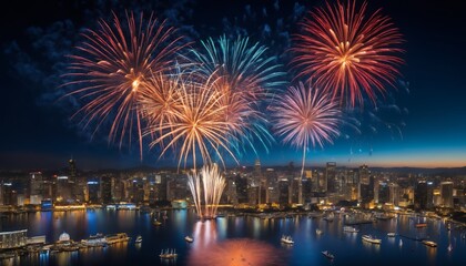 Vibrant Fireworks Display Over Cityscape Night Sky