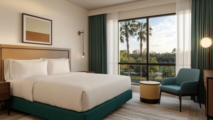 Fototapeta premium A modern hotel room featuring a queen bed, stylish decor, a cozy armchair, and large windows with a view of palm trees.