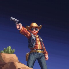 Naklejka premium Pixel Art Cowboy Gunslinger in the Desert Holding Revolver Western Game Character