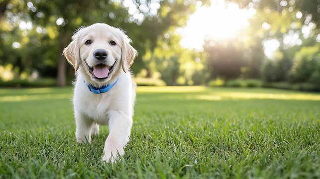 golden retriever puppy joyfully running in sunlit park