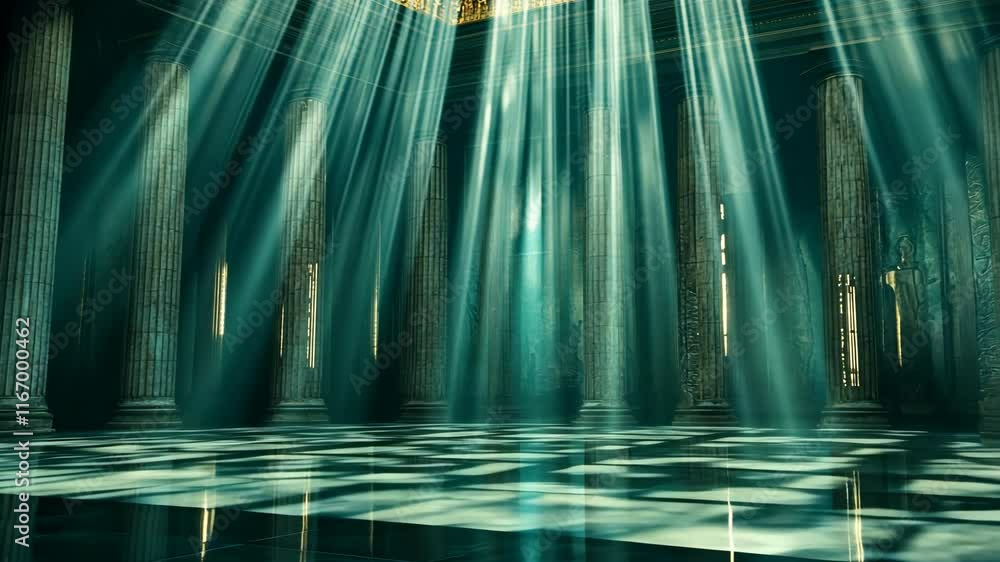 Aufkleber sunlight streams through ancient columns, creating a mystical atmosphere in a grand hall during midd