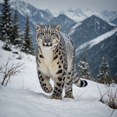 Obraz premium A snow leopard stealthily moving through a snowy forest with mountains in the distance.