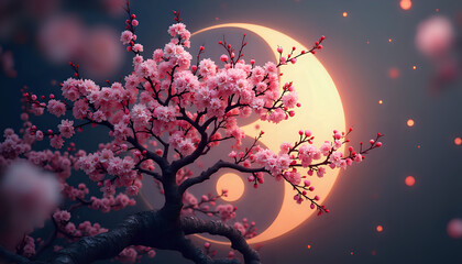a branch of a tree with pink flowers in front of a full moon at night