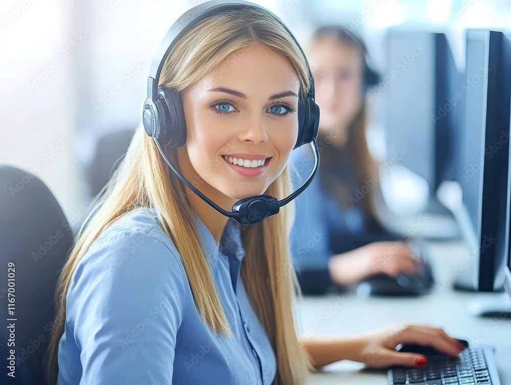 Poster friendly female customer support operator with headset working at computer in call center