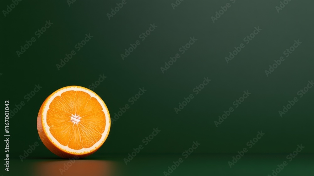 Poster A halved orange on a dark green background, highlighting freshness.