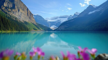 Turquoise lake reflecting mountains and glacier under a blue sky; pink flowers in foreground.