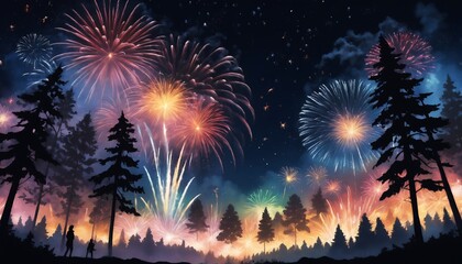 Night Sky Fireworks Display Silhouetted Trees Magical Forest Setting
