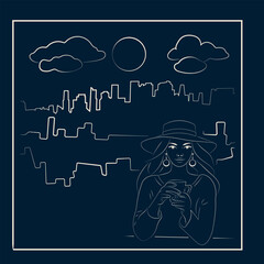 Big city. White Woman in Hat Drinking Coffee at Cafe