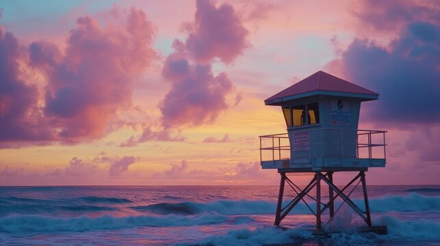 Vibrant sunrise colors paint the sky over a lone lifeguard tower on a wave-washed beach. - Powered by Adobe