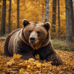 Obraz premium A teddy bear-like brown bear resting in a golden autumn forest, with vibrant leaves carpeting the ground and a warm sunlight glow.