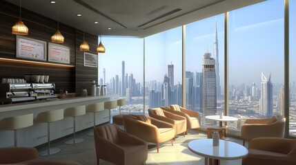 Modern cafe with panoramic city view, featuring a coffee bar, comfortable seating, and large windows.
