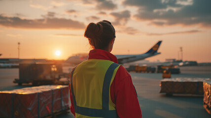 A safety-geared airport worker oversees cargo logistics on the tarmac with a plane in the background. The worker's high-visibility uniform reflects the operational safety procedures in modern aviation