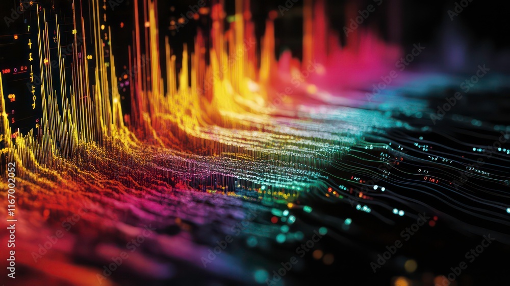 Poster abstract colorful digital wave background with vibrant gradients and glowing particles.