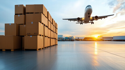 Airplane flying over stacked cardboard boxes at cargo terminal during sunset