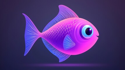 Fototapeta premium Cute pink cartoon fish with big eyes, isolated on dark background.