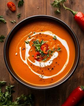 Roasted red pepper and tomato bisque with herb swirl
