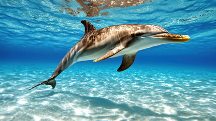 Obraz premium baby dolphin swimming gracefully in clear blue water, showcasing its playful nature