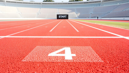 Red textured running track surface with a starting block in front of the start line number four, ground level close up shot, isometry. isolated with white highlights