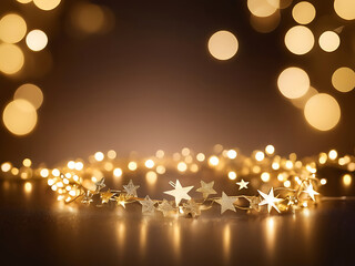 Christmas golden glowing background. Holiday abstract glitter defocused backdrop with blinking tars...