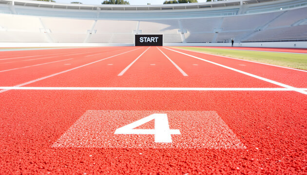 Red textured running track surface with a starting block in front of the start line number four, ground level close up shot, isometry. isolated with white highlights