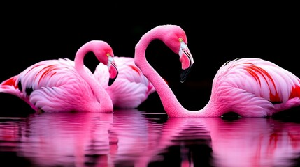 Naklejka premium Three pink flamingos on dark water.