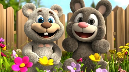 Two adorable cartoon bears sitting in a garden with flowers.