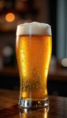 Full glass of light beer, condensation visible , bubbly, lager, photography