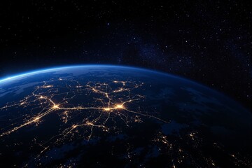 Obraz premium A view of Earth from space with glowing city lights interconnected by lines against a starry background. Concept of global communication and connectivity. Ai generative
