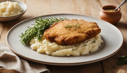 Crispy Breaded Chicken Cutlet Mashed Potatoes Rosemary Garnish Rustic Style