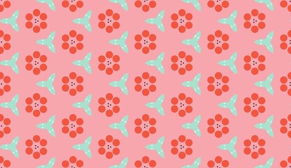 Seamless Floral Design with Red Flowers and Green Leaves on a Pink Background.