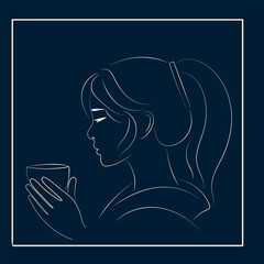 Line art. Japanese or Korean girl drinking tea.