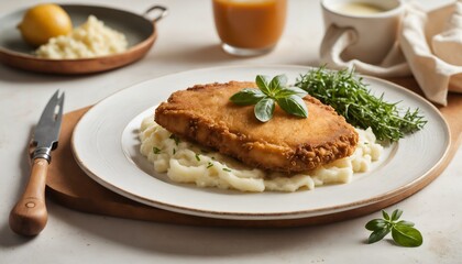 Crispy Breaded Fish Fillet Mashed Potatoes Garnish Simple Dish