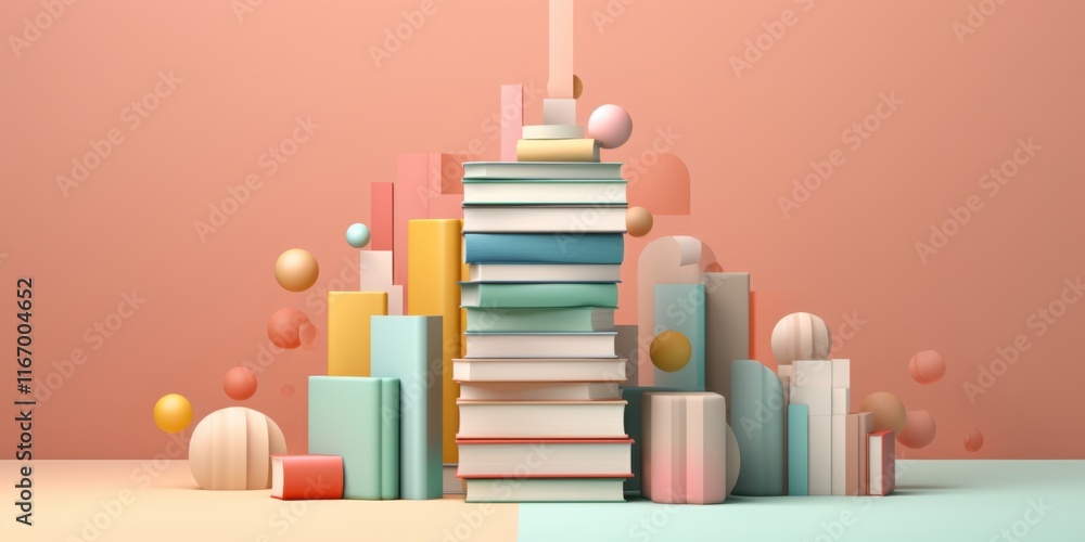 Aufkleber pastel book stack composition: abstract 3d render of colorful books and geometric shapes