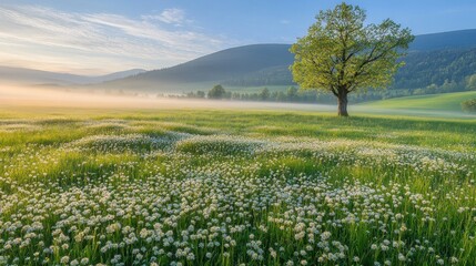 Obraz premium Serene sunrise over misty meadow with wildflowers and lone tree.