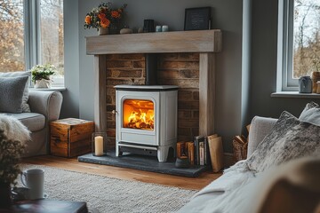 Elegant stove and white fireplace in contemporary living room with grey walls, sofa with flowers, wooden trunk, and cozy ambiance.