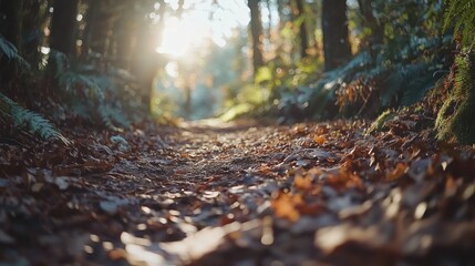 Sunlit autumn forest path covered in fallen leaves.
