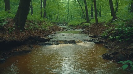 Obraz premium Serene forest stream flowing through lush green trees.