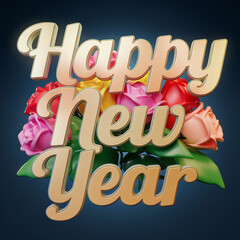 Happy New Year typography with colorful flowerbauquet