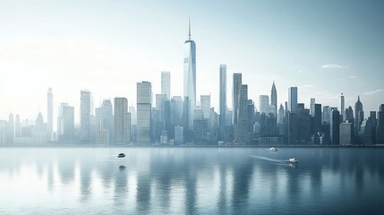 Calm morning cityscape skyline reflected on tranquil water.