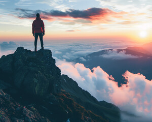 Fototapeta premium Majestic Mountain Sunset Photograph with Hiker Silhouette on Rocky Peak, Perfect for Adventure and Travel Inspirations