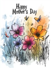 Cheerful cartoon-style illustration celebrating Mother's Day with colorful flowers and butterflies in a vibrant setting