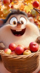 Cheerful cartoon-style hedgehog enjoys gathering apples in a sunny autumn landscape