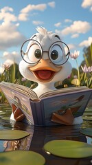 Cute cartoon-style duck with glasses enjoys reading a book by the pond during a sunny afternoon in a vibrant nature setting