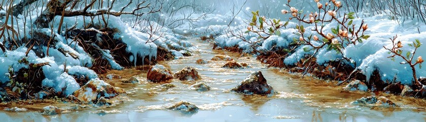 Serene Winter Landscape with Gentle Stream Flowing Through Snow-Covered Banks and Emerging Buds Highlighting Nature's Beauty and Tranquility