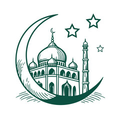 Elegant Islamic Mosque and Crescent Moon Illustration