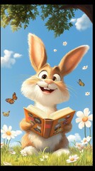 Cute cartoon-style rabbit reading a book happily under a tree in a sunny meadow filled with flowers and butterflies