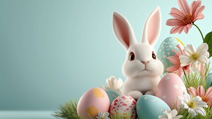 Beautiful cartoon-style white bunny sitting among colorful Easter eggs and flowers in a cheerful spring setting