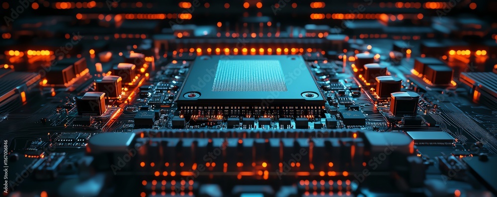 Poster stunning 3d visualization of a futuristic server with printed circuit board, set against an abstract