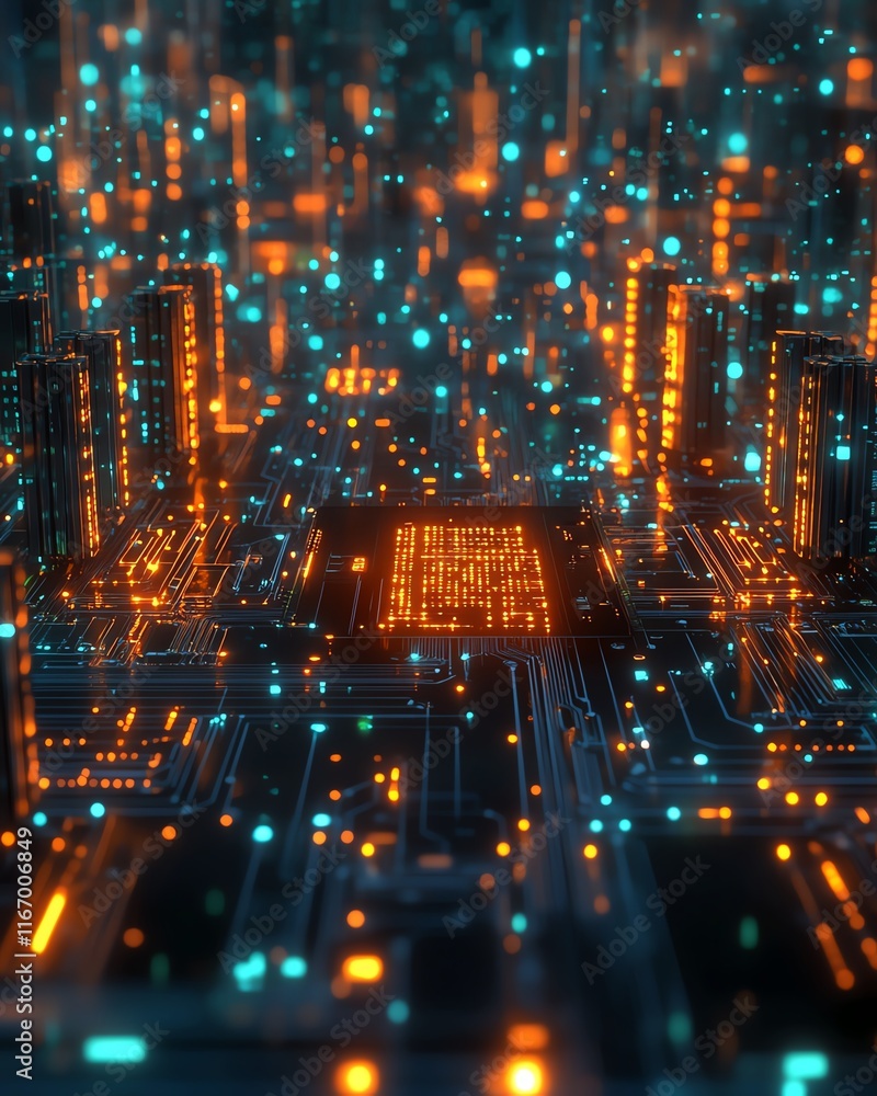 Aufkleber vibrant 3d illustration of a circuit board with futuristic server code processing