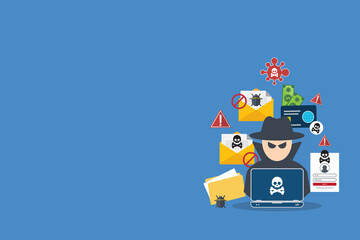 Hacker with laptop computer stealing confidential data, personal information and credit card detail. Hacking concept.	